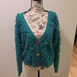 Christmas Tree Green Cardigan with Vibrant Buttons. Size Small